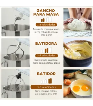 Batidora Amasadora 6L 1400W con Cabezal Inclinable 6 Velocidades Función de Fermentación Pantalla LED Blanco