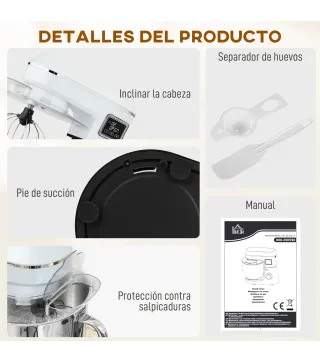 Batidora Amasadora 6L 1400W con Cabezal Inclinable 6 Velocidades Función de Fermentación Pantalla LED Blanco