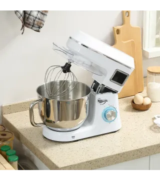 Batidora Amasadora 6L 1400W con Cabezal Inclinable 6 Velocidades Función de Fermentación Pantalla LED Blanco