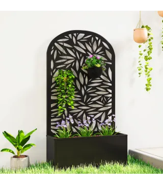 Jardinera con Pantalla de Privacidad Curva de Hojas de Metal y Opción de Montaje en Pared 61x23x113 cm Negro