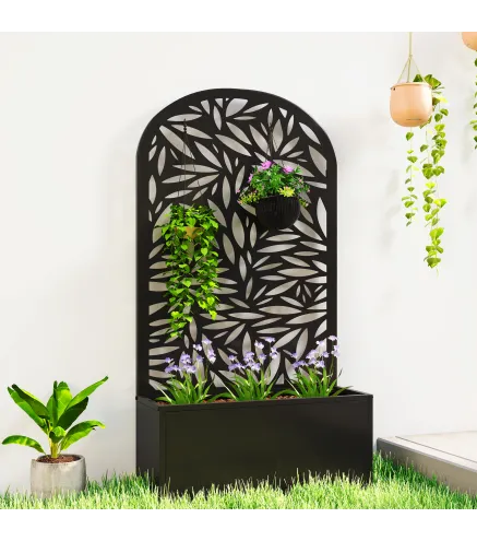 Jardinera con Pantalla de Privacidad Curva de Hojas de Metal y Opción de Montaje en Pared 61x23x113 cm Negro