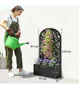 Jardinera con Pantalla de Privacidad Curva de Hojas de Metal y Opción de Montaje en Pared 61x23x113 cm Negro