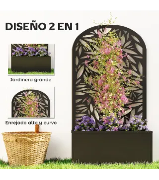Jardinera con Pantalla de Privacidad Curva de Hojas de Metal y Opción de Montaje en Pared 61x23x113 cm Negro