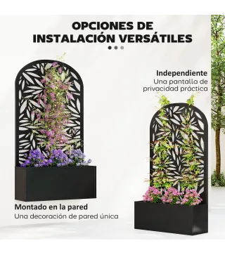 Jardinera con Pantalla de Privacidad Curva de Hojas de Metal y Opción de Montaje en Pared 61x23x113 cm Negro
