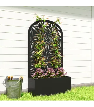Jardinera con Pantalla de Privacidad Curva de Hojas de Metal y Opción de Montaje en Pared 61x23x113 cm Negro