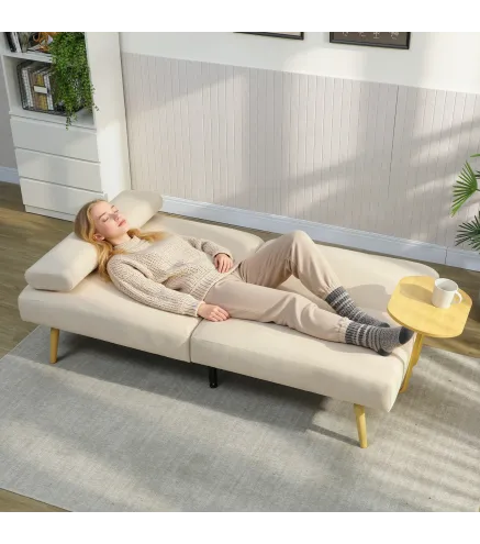 Sofá Cama de 3 Plazas con Mesa Auxiliar 3 en 1 con Respaldo Ajustable Apertura Clik-Clak 196x86x81 cm Beige