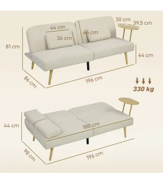 Sofá Cama de 3 Plazas con Mesa Auxiliar 3 en 1 con Respaldo Ajustable Apertura Clik-Clak 196x86x81 cm Beige