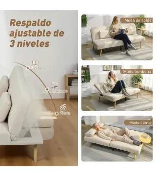 Sofá Cama de 3 Plazas con Mesa Auxiliar 3 en 1 con Respaldo Ajustable Apertura Clik-Clak 196x86x81 cm Beige