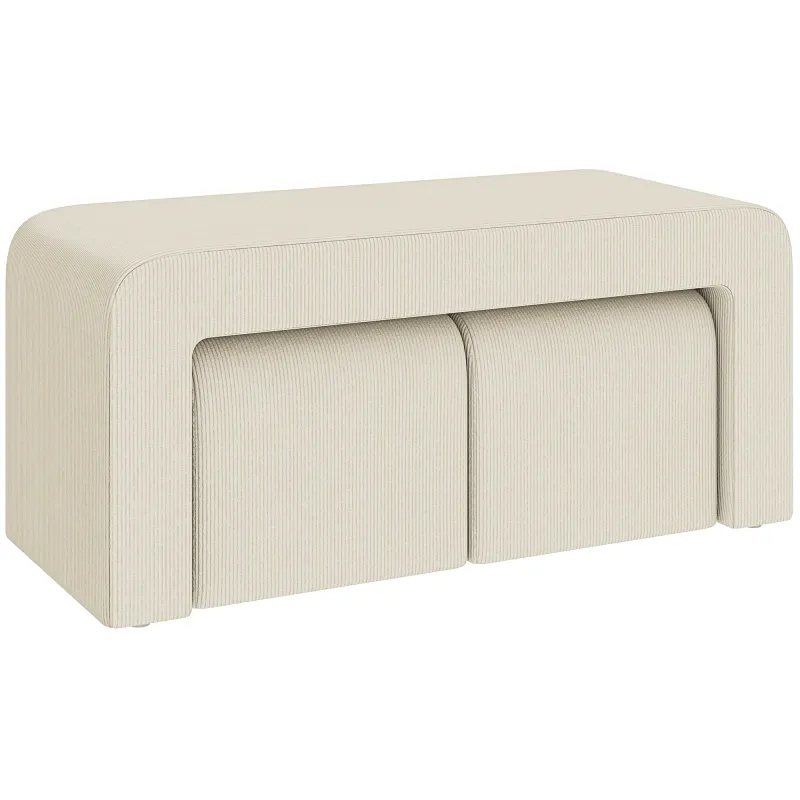 Juego de 3 Bancos Zapateros Grande y 2 Pequeños Modernos de Pana Diseño Compacto Mesa Auxiliar 104x44x48 cm Crema