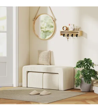 Juego de 3 Bancos Zapateros Grande y 2 Pequeños Modernos de Pana Diseño Compacto Mesa Auxiliar 104x44x48 cm Crema