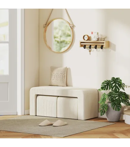 Juego de 3 Bancos Zapateros Grande y 2 Pequeños Modernos de Pana Diseño Compacto Mesa Auxiliar 104x44x48 cm Crema