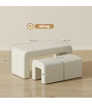 Juego de 3 Bancos Zapateros Grande y 2 Pequeños Modernos de Pana Diseño Compacto Mesa Auxiliar 104x44x48 cm Crema