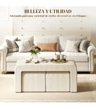 Juego de 3 Bancos Zapateros Grande y 2 Pequeños Modernos de Pana Diseño Compacto Mesa Auxiliar 104x44x48 cm Crema