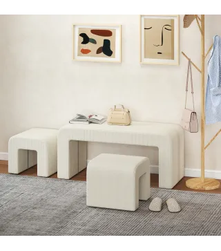 Juego de 3 Bancos Zapateros Grande y 2 Pequeños Modernos de Pana Diseño Compacto Mesa Auxiliar 104x44x48 cm Crema