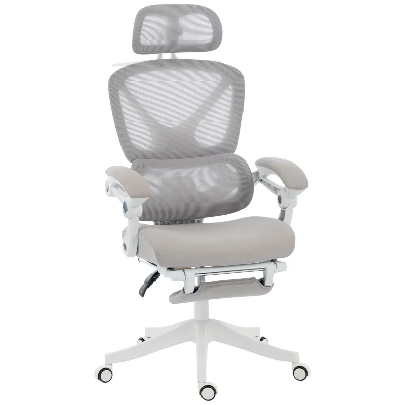 Silla de Escritorio de Malla Reclinable con Reposacabezas Soporte Lumbar Reposapiés y Altura Regulable Gris Claro