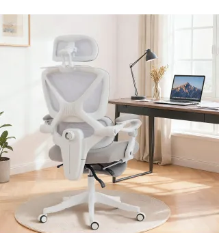Silla de Escritorio de Malla Reclinable con Reposacabezas Soporte Lumbar Reposapiés y Altura Regulable Gris Claro