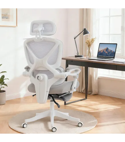 Silla de Escritorio de Malla Reclinable con Reposacabezas Soporte Lumbar Reposapiés y Altura Regulable Gris Claro