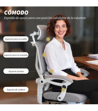 Silla de Escritorio de Malla Reclinable con Reposacabezas Soporte Lumbar Reposapiés y Altura Regulable Gris Claro