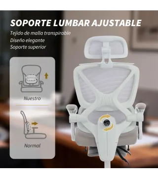 Silla de Escritorio de Malla Reclinable con Reposacabezas Soporte Lumbar Reposapiés y Altura Regulable Gris Claro