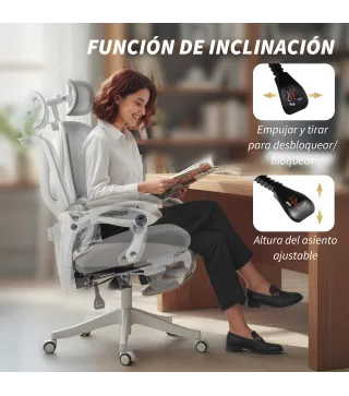 Silla de Escritorio de Malla Reclinable con Reposacabezas Soporte Lumbar Reposapiés y Altura Regulable Gris Claro