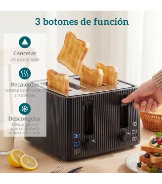 Tostadora 4 Ranuras Anchas 7 Niveles de Tostado Función Descongelar Recalentar y Cancelar Bandeja Extraíble Negro