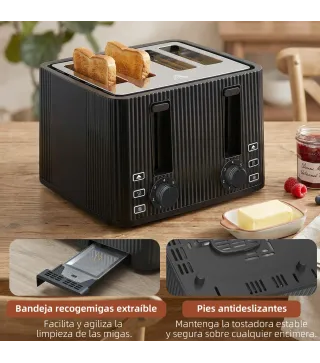 Tostadora 4 Ranuras Anchas 7 Niveles de Tostado Función Descongelar Recalentar y Cancelar Bandeja Extraíble Negro