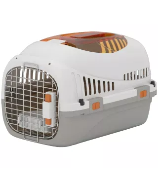 Transportín para Gatos Perros Pequeños de Plástico Carga 4 kg con Claraboya Cuenco Puerta de Acero Gris Claro