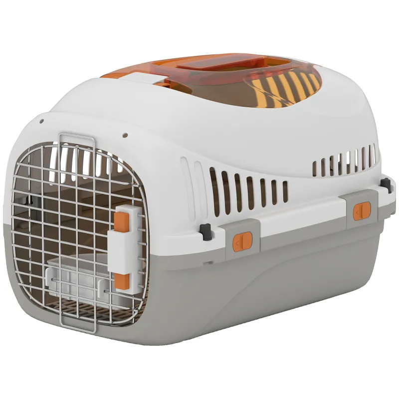 Transportín para Gatos Perros Pequeños de Plástico Carga 4 kg con Claraboya Cuenco Puerta de Acero Gris Claro