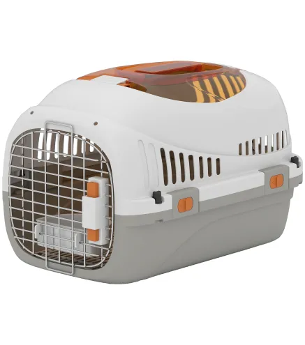Transportín para Gatos Perros Pequeños de Plástico Carga 4 kg con Claraboya Cuenco Puerta de Acero Gris Claro