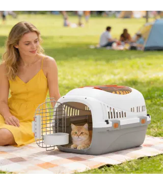 Transportín para Gatos Perros Pequeños de Plástico Carga 4 kg con Claraboya Cuenco Puerta de Acero Gris Claro