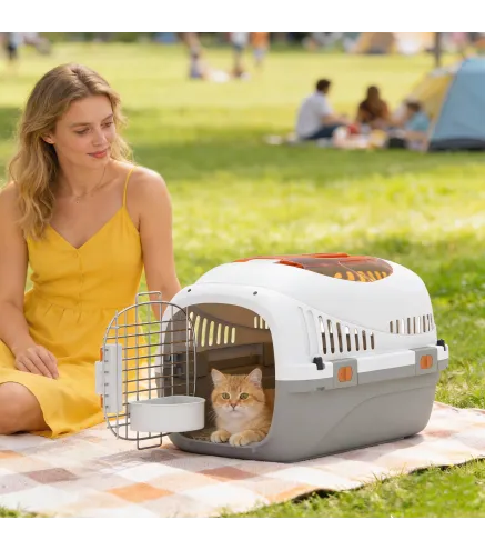 Transportín para Gatos Perros Pequeños de Plástico Carga 4 kg con Claraboya Cuenco Puerta de Acero Gris Claro