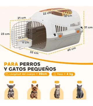 Transportín para Gatos Perros Pequeños de Plástico Carga 4 kg con Claraboya Cuenco Puerta de Acero Gris Claro