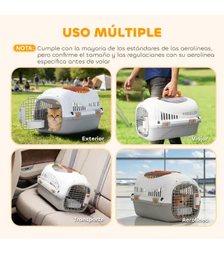 Transportín para Gatos Perros Pequeños de Plástico Carga 4 kg con Claraboya Cuenco Puerta de Acero Gris Claro