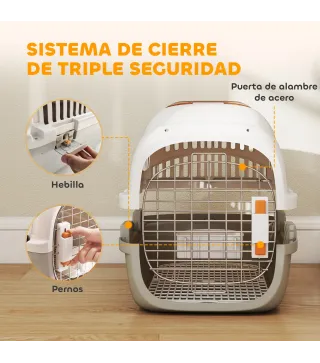 Transportín para Gatos Perros Pequeños de Plástico Carga 4 kg con Claraboya Cuenco Puerta de Acero Gris Claro