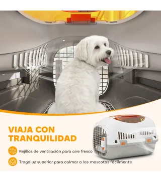 Transportín para Gatos Perros Pequeños de Plástico Carga 4 kg con Claraboya Cuenco Puerta de Acero Gris Claro