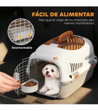 Transportín para Gatos Perros Pequeños de Plástico Carga 4 kg con Claraboya Cuenco Puerta de Acero Gris Claro