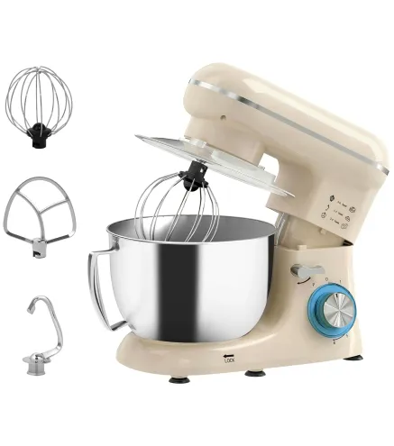Batidora Amasadora 4,5L 1300W 6 Velocidades Bol de Acero Inoxidable Batidor Gancho Varilla Beige