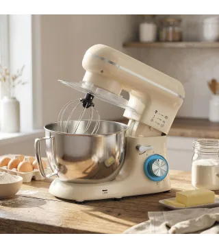 Batidora Amasadora 4,5L 1300W 6 Velocidades Bol de Acero Inoxidable Batidor Gancho Varilla Beige