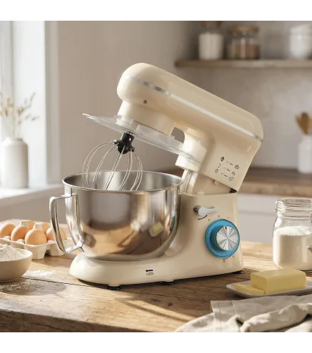 Batidora Amasadora 4,5L 1300W 6 Velocidades Bol de Acero Inoxidable Batidor Gancho Varilla Beige