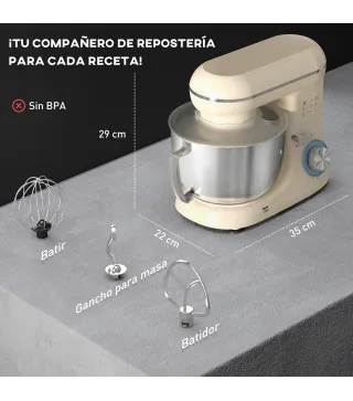 Batidora Amasadora 4,5L 1300W 6 Velocidades Bol de Acero Inoxidable Batidor Gancho Varilla Beige