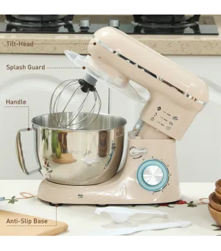 Batidora Amasadora 4,5L 1300W 6 Velocidades Bol de Acero Inoxidable Batidor Gancho Varilla Beige
