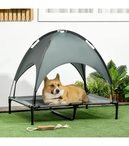 Cama Elevada para Mascotas Portátil con Toldo Extraíble Tela Transpirable al Aire Libre para Interior y Exterior 92x76x90 cm Gri