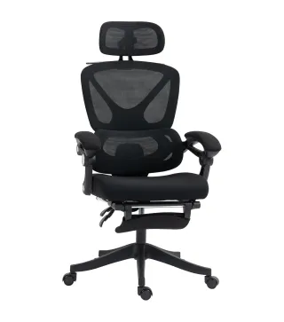 Silla de Escritorio de Malla Reclinable con Reposacabezas Soporte Lumbar Reposapiés y Altura Regulable Carga 135kg Negro
