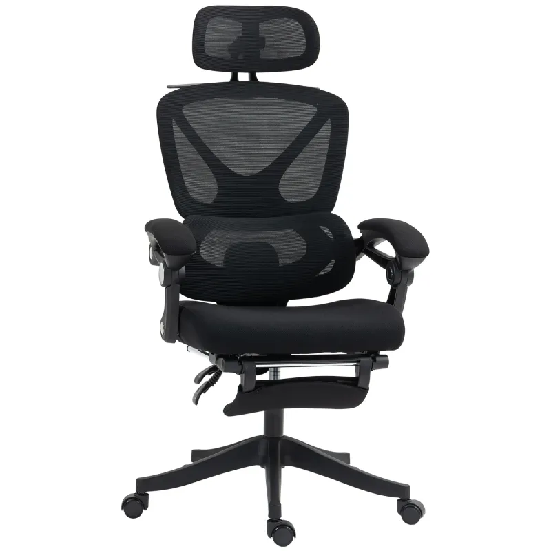 Silla de Escritorio de Malla Reclinable con Reposacabezas Soporte Lumbar Reposapiés y Altura Regulable Carga 135kg Negro