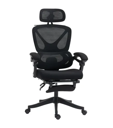 Silla de Escritorio de Malla Reclinable con Reposacabezas Soporte Lumbar Reposapiés y Altura Regulable Carga 135kg Negro