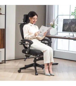 Silla de Escritorio de Malla Reclinable con Reposacabezas Soporte Lumbar Reposapiés y Altura Regulable Carga 135kg Negro