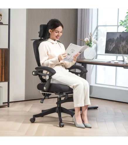 Silla de Escritorio de Malla Reclinable con Reposacabezas Soporte Lumbar Reposapiés y Altura Regulable Carga 135kg Negro