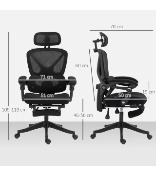 Silla de Escritorio de Malla Reclinable con Reposacabezas Soporte Lumbar Reposapiés y Altura Regulable Carga 135kg Negro