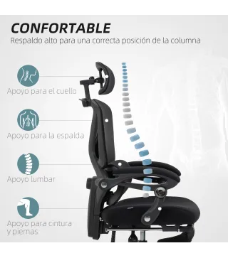 Silla de Escritorio de Malla Reclinable con Reposacabezas Soporte Lumbar Reposapiés y Altura Regulable Carga 135kg Negro