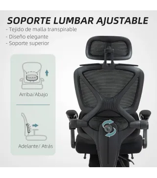 Silla de Escritorio de Malla Reclinable con Reposacabezas Soporte Lumbar Reposapiés y Altura Regulable Carga 135kg Negro